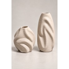 Dekomini Liora 2’li Organik Form Dokulu Seramik Vazo Seti (Büyük 27X12 cm / Küçük 16X14 Cm)