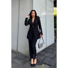 Suxircnhtmts Kadın Şık Ikili Takım Taş Detaylı Blazer Ceket & Boru Paça Pantolon