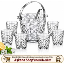 Aşkana 8 Parça 6’lı Cam Bardak ve Maşalı Buz Kovası Seti Kristal Görünümlü Içecek Sunum Seti