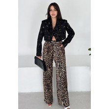 Vuntal Simli Leopar Şifon Pantolon