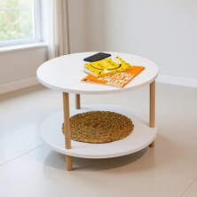 Peka Yuvarlak Orta Sehpa Beyaz Ahşap Ayaklı Modern Tasarım 60 cm Derinlik 43 cm Yükseklik İki Raflı