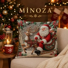 Minoza Dijital Baskılı Noel Baba ve Geyik Desenli Dekoratif Kırlent Kılıfı 43X43 cm