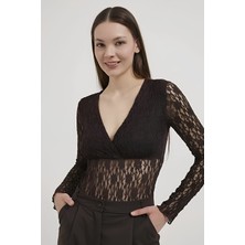 Uzun Kollu Dantel Bodysuit Kahve