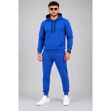 Defy Moda Erkek Iki Iplik Kapüşonlu Kanguru Cepli Sweatshirt Jogger Pantolon Alt Üst Eşofman Takımı -Saks Mavisi