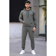 Defy Moda Erkek Iki Iplik Kapüşonlu Kanguru Cepli Sweatshirt Jogger Pantolon Alt Üst Eşofman Takımı - Haki
