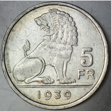 Banknoting Belçika 5 Frank 1939 Ikinci Dünya Savaşı Dönemi.