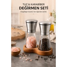 BURADABULDUN Ahşap Standlı Cam Tuz Karabiber Değirmeni | Paslanmaz Çelik Kapak | 180 ml Şeffaf 13 cm 2'li Set