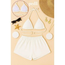 Luvecia Kadın Beyaz Şortlu Belden ve Boyundan Bağlamalı Bikini Takımı - 1800-9495