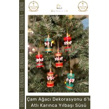 Denguva Özel Üretim Ahşap Boyalı Nostaljik Çam Ağacı Dekorasyonu Hediyelik 6’lı Atlı Karınca Yılbaşı Süsü
