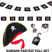 Marsilyan Çocuk Korsan Şapkası + Kancası + Göz Bandı + 2 Adet Yüzük + Afiş Seti