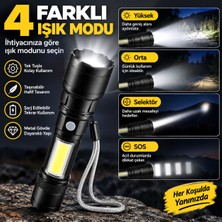 Solezon Şarjlı LED El Feneri Zoomlu Metal Gövde 4 Modlu Taşınabilir Fener