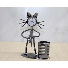 Hediye Fikri Metal Saksafon Çalan Kedi Müzisyen Saat ve Kalemlik - 17X12CM