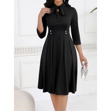 Alyn Wear Kadın Tuvakar Kollu Yakadan Bağcıklı Düğmeli Midi Ithal Krep Elbise