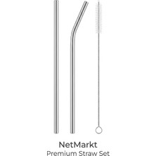 Esranın Dünyası Netmarkt Paslanmaz Çelik Pipet Seti - 2 Adet Tekrar Kullanılabilir Metal Pipet (1 Düz, 1 Eğri) ve 1 Adet Temizleme Fırçası, Çevre Dostu, Bulaşık Makinesinde Yıkanabilir Ekolojik Pipet Seti