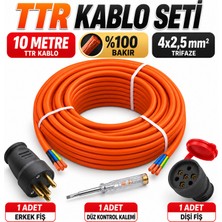 Badem10 Ttr Kablo 4x2,5 10 Metre %100 Bakır Erkek Fiş Dişi Fiş Düz Kontrol Kalemi Sanayi Tipi Elektrik Seti