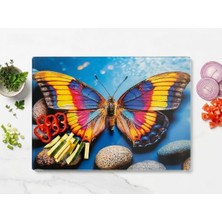 Esranın Dünyası Renkli Kelebek Desenli Cam Kesme Tahtası – Kaymaz Tabanlı, Isıya Dayanıklı, Hijyenik ve Dayanıklı Mutfak Tahtası (25X35 Cm)