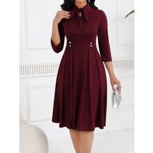 Alyn Wear Kadın Tuvakar Kollu Yakadan Bağcıklı Düğmeli Midi Ithal Krep Elbise