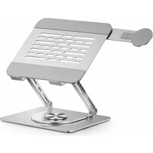 Happy Trend Laptop Stand Karbon Çelik 360° Döner Ergonomik Yükseklik Ayarlı Soğutucu Magsafe Uyumlu Telefon Tutuculu Gizlenebilir Notebook Tablet Uyumlu Gümüş