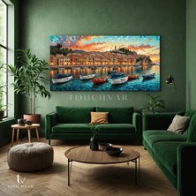 Touchvar Yatay Panoramik Kanvas Tablo Liman Kasabası ve Tekneler Manzara Tablosu Ev Ofis Duvar Dekoru