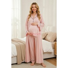 Quilling Pudra Renkli ve Derin Patlı Gömlek Yaka Lady 33001 Uzun Kol Sabahlıklı Hamile Pijama Takımı