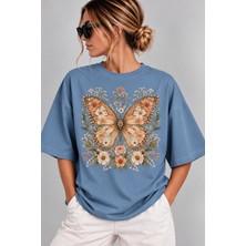 Vintage Kelebek Çiçek Baskılı Oversize Kadın T-