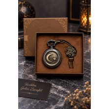 Yenilig Türk Bayrağı Ay Yıldızlı Vintage Köstekli Cep Saati – Antik Bronz Desenli Zincirli Retro Cep Saati