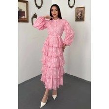 End Black Pembe Valonlu Şeritli Uzun Elbise