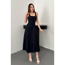 End Black Lacivert Çift Dikişli Gabardin Elbise
