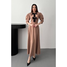 End Black Camel Ön Dekolteli Fiyonk Garnili Uzun Elbise