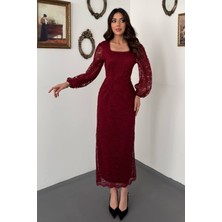End Black Bordo Güpür Detaylı Dantel Elbise