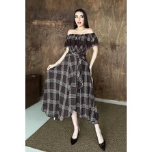 End Black Kahverengi Ekoseli Dantelli Elbise