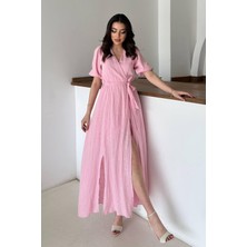 End Black Pembe Kruvaze Yaka Müslin Keten Elbise