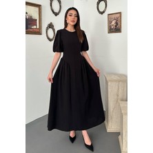 End Black Siyah Arkadan Bağlamalı Büzgülü Keten Elbise
