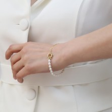 Nox Jewelry 14 Ayar Altın Kaplama İnci Yarısı Ataç Zincirli Kadın Zarif Gümüş Bileklik - CBP00149
