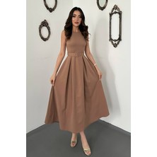 End Black Camel Halter Yaka Kloş Elbise