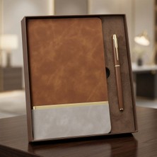 Hediye Fikri Kişiye Özel Kutulu Altın Şeritli Deri Defter ve Kahverengi Metal Roller Kalem Set