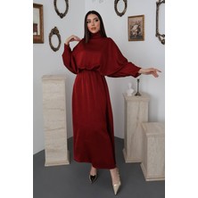 End Black Bordo Jakarlı Saten Elbise