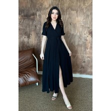 End Black Siyah Kruvaze Yaka Müslin Keten Elbise