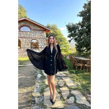 End Black Siyah Kolları Pilseli Atlas Ceket Elbise