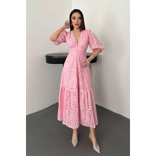 End Black Pembe Büzgü Detaylı Dantelli Brode Elbise