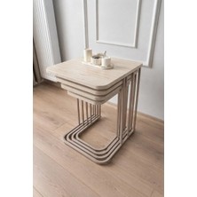 Eryalux Home 4'lü Tekerlekli Zigon Sehpa  (Cappuccino Metal - Traverten Ahşap)