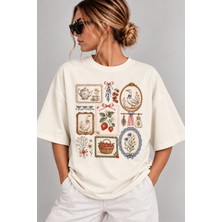 Vintage Retro Kolaj Baskılı Oversize Kadın T-Shirt