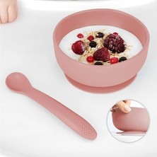 1001 Vakumlu Silikon Bebek Mama Kasesi - Vakum Tabanlı Kase - Silikon Diş Kaşıyıcı Kaşık - Pembe