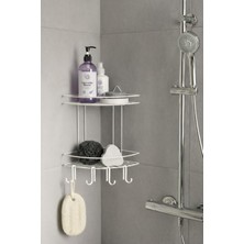 1001 Banyo Köşe Rafı Askılı Duş Organizeri ve Şampuanlık 2 Katlı Beyaz