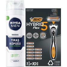1001 Men Erkek Hassas Tıraş Köpüğü 200 Ml+ Bıc Flex 5 Hybrid Tıraş Bıçağı Seti 1 Gövde + 10