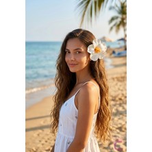 Cinderella Beyaz Japon Gülü Hibiskus Çiçeği Pens Saç Tokası 10CM - Hawaii Renkli Plaj Yazlık Klipsli Yan Toka