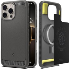1001 iPhone 16 Pro Max ile Uyumlu Magsafe Kılıf Rugged Armor Mag Fit Üst Düzey Koruma Gri Karbon Kapa