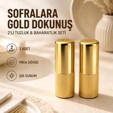 Esranın Dünyası 2’li Gold Tuzluk ve Baharatlık Seti, Şık Çizgili Mika Gövde, Masa ve Mutfak Kullanımına Uygun Dekoratif Tuz Biber Kabı