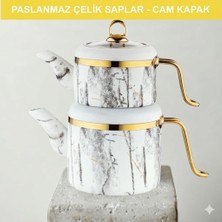 1001 Vintage Serisi Granit Kaplamalı Çaydanlık Takımı, Beyaz, Alüminyum Gövdeli, 3.5 L, Cam Kapakl