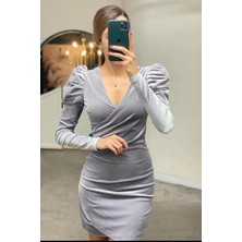 Veraura Lifestyle Kadın Kadife Kumaş Kruvaze Yaka Büzgülü Abiye Elbise